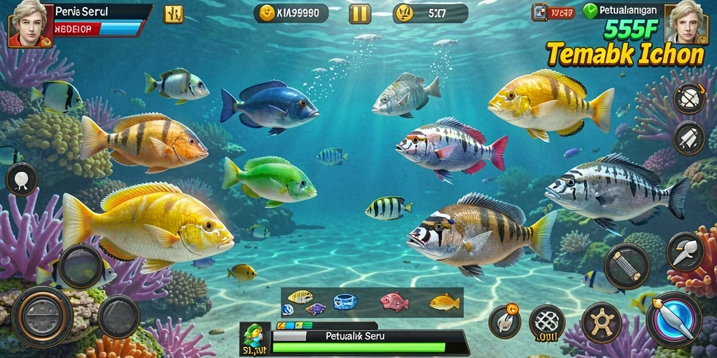 Gameplay seru dalam Tembak Ikan 555F di bawah laut.