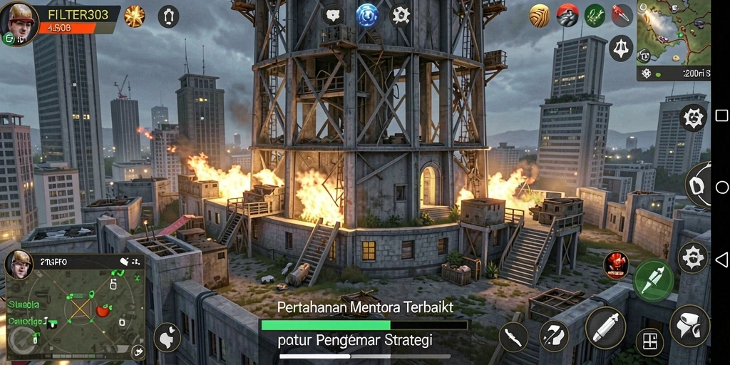 Screenshot gameplay FILTER303 menunjukkan menara berkekuatan tinggi melawan musuh yang menyerang.