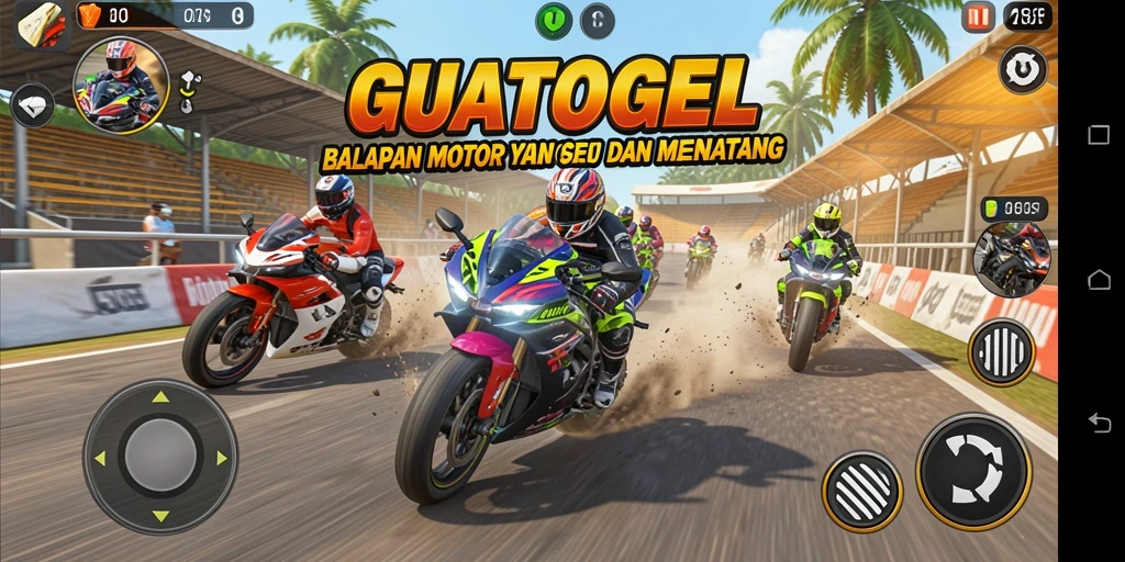Tampilan utama GUATOGEL menampilkan balapan motor yang mendebarkan.