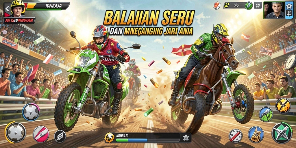 Gameplay menegangkan IDNRAJA dengan mobil balap yang beraksi cepat.