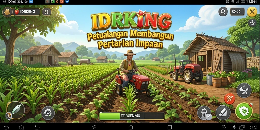 Screenshot utama IDRKING menampilkan pertanian virtual yang indah dan berwarna-warni.