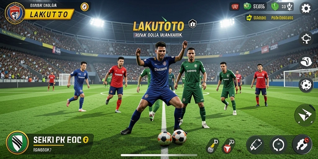 Screenshot utama LAKUTOTO menampilkan aksi pertandingan sepak bola yang intens.
