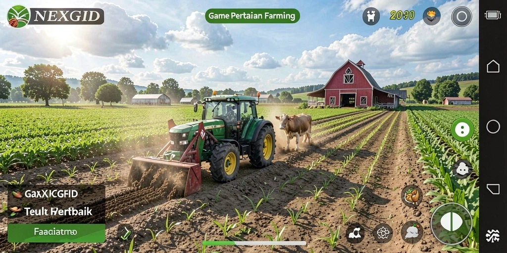 Screenshot gameplay NEXGID menampilkan pertanian yang indah dan berwarna-warni.