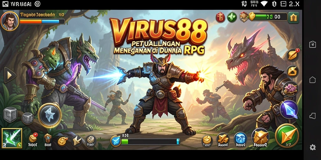 Screenshot utama VIRUS88 menunjukkan aksi pertarungan seru di dunia RPG.